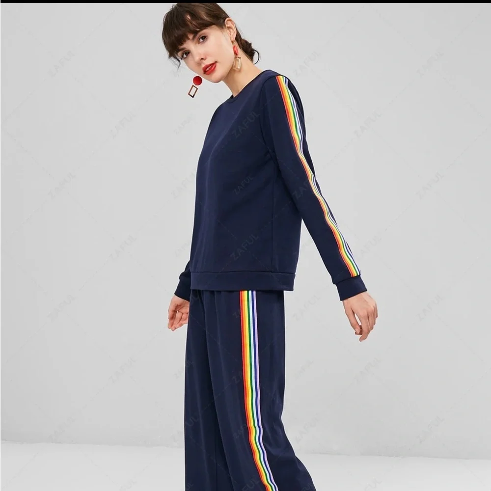 Navy Blue Pullover Sweatshirt with Rainbow Striped Ribbon Panels on the Arms NWT - Picture 2 of 14